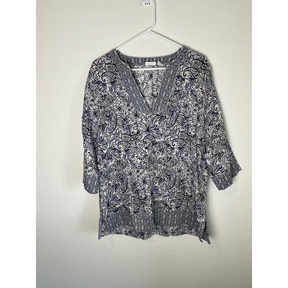 Sigrid Olsen Shirt Womens Medium Blue White Linen Paisley Floral Boho Tunic Top​
